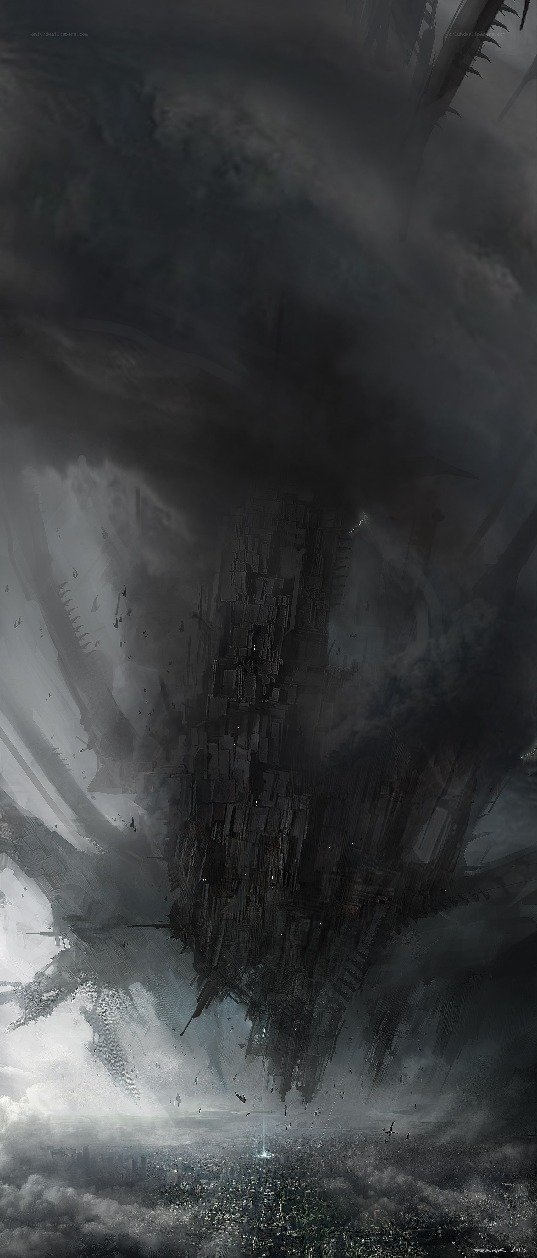 Dark floating city in storm