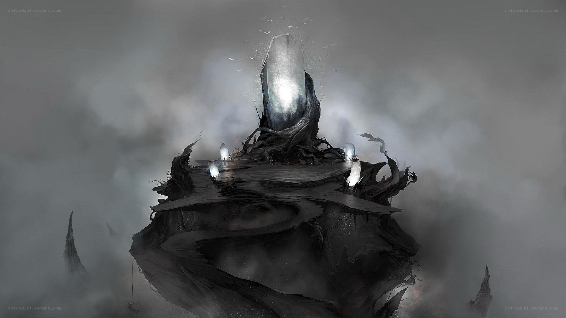 dark floating island with glowing crystal