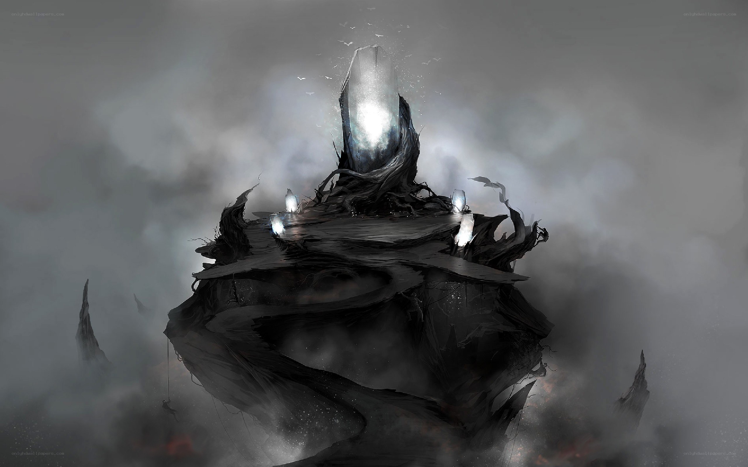 Dark floating island with glowing crystal