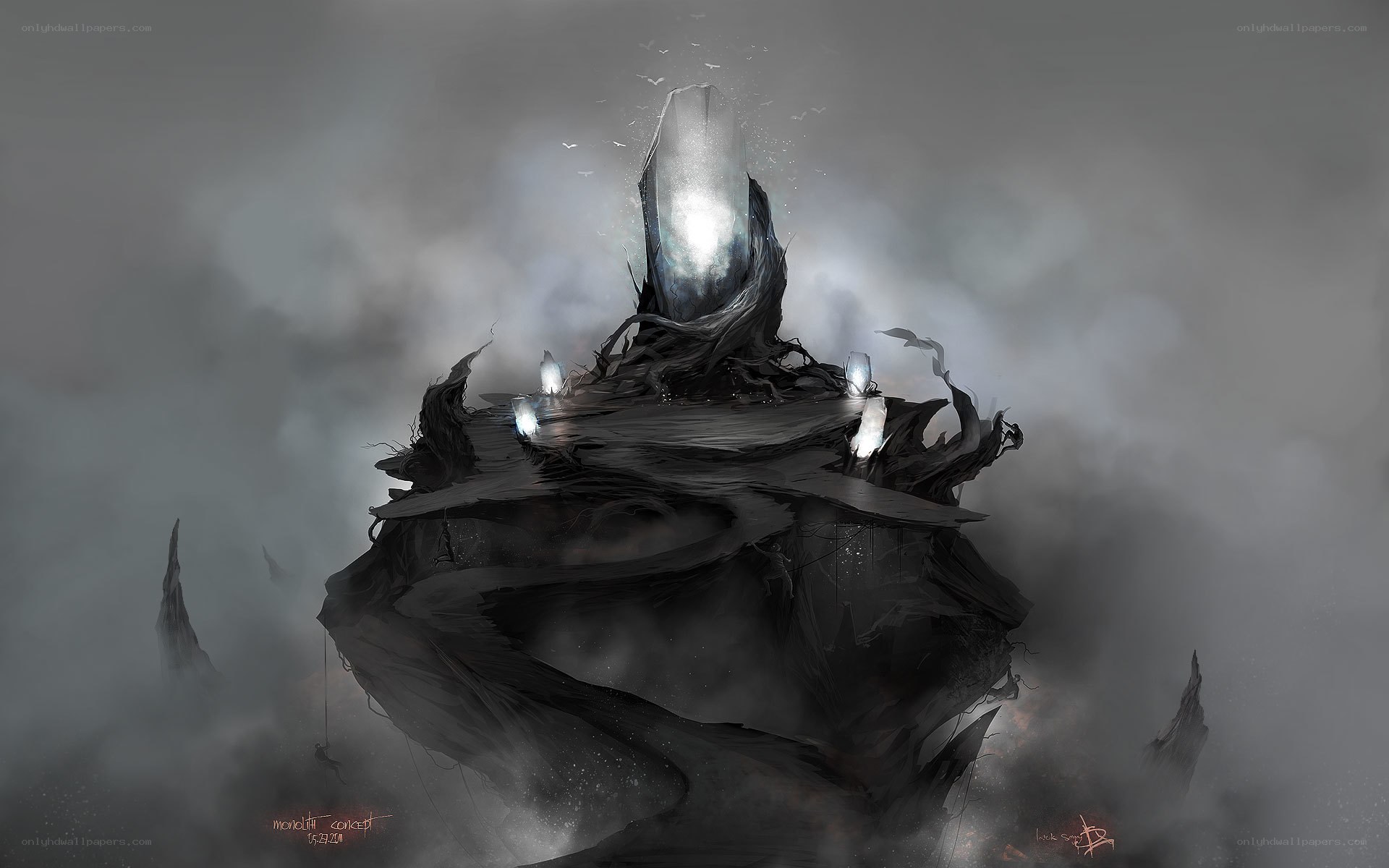 Dark floating island with glowing crystal