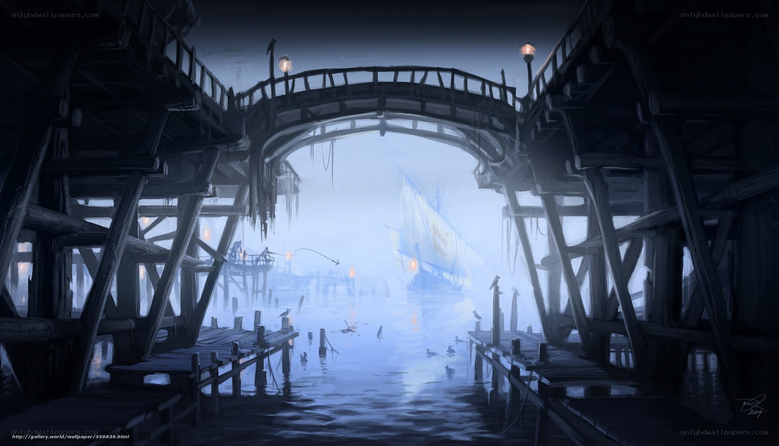 Dark foggy dock at night