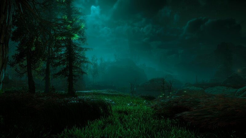 Dark Forest at Night — Green, Mysterious, 3d Render