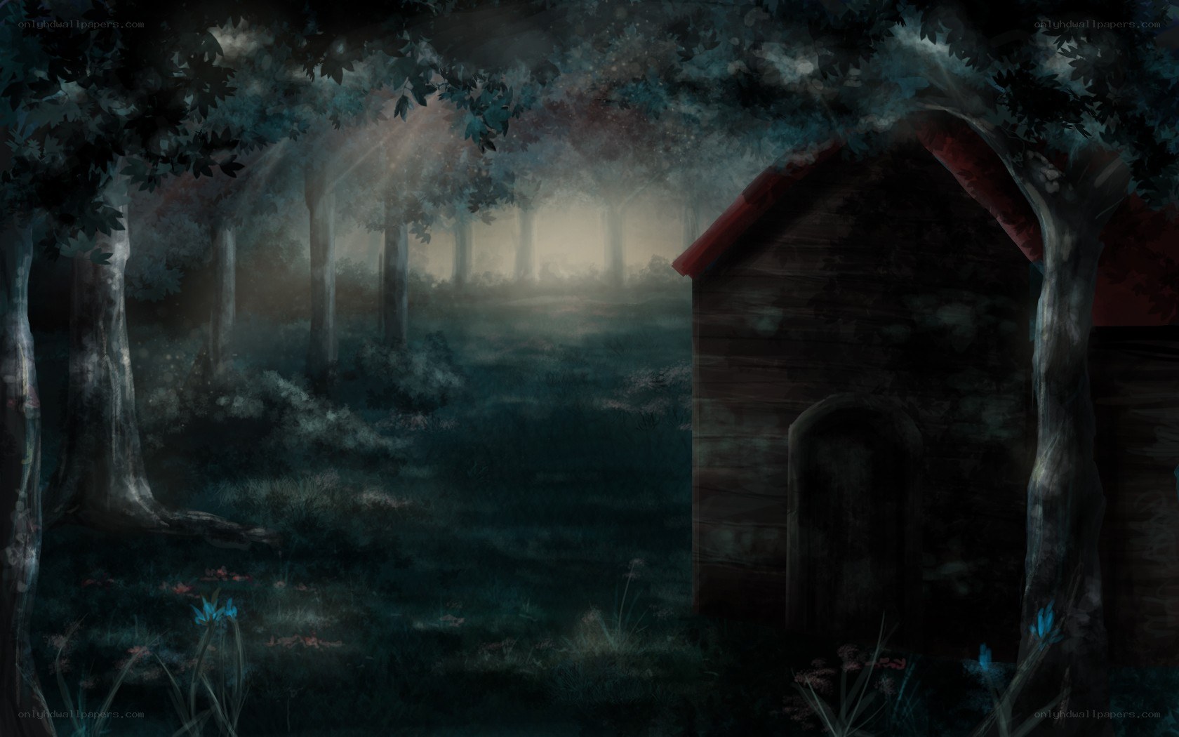Dark forest cabin at night