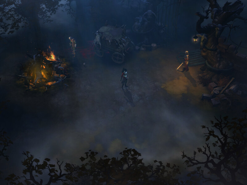 Dark forest camp scene