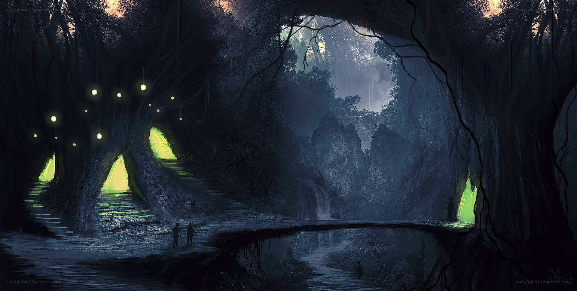 dark forest cave with glowing lights