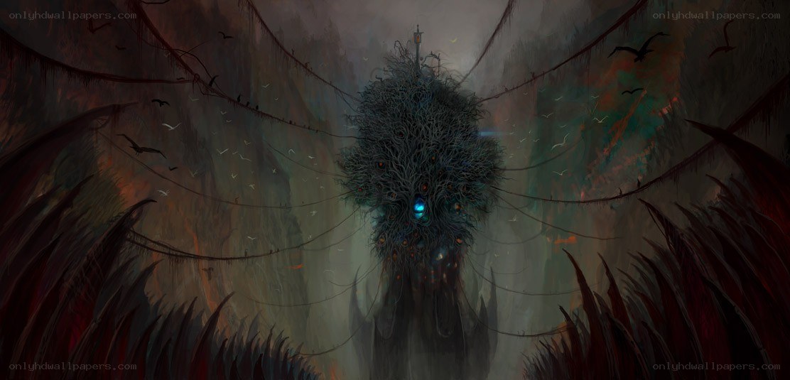 Dark forest entity with glowing eyes