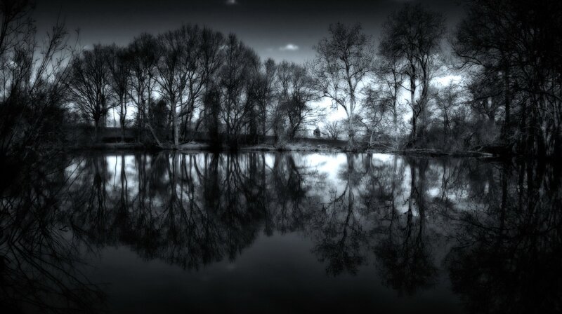 Dark forest lake reflection