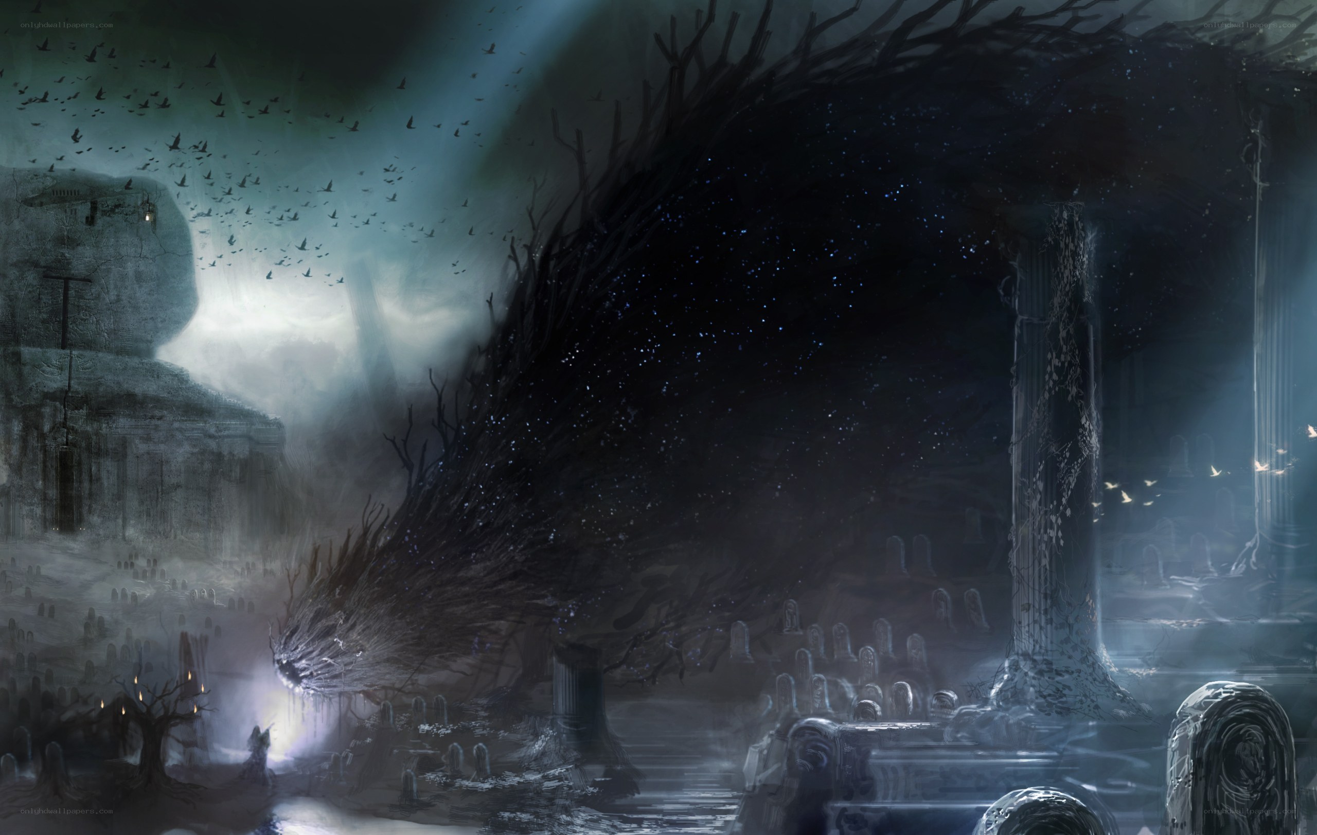 Dark forest overgrown ruins
