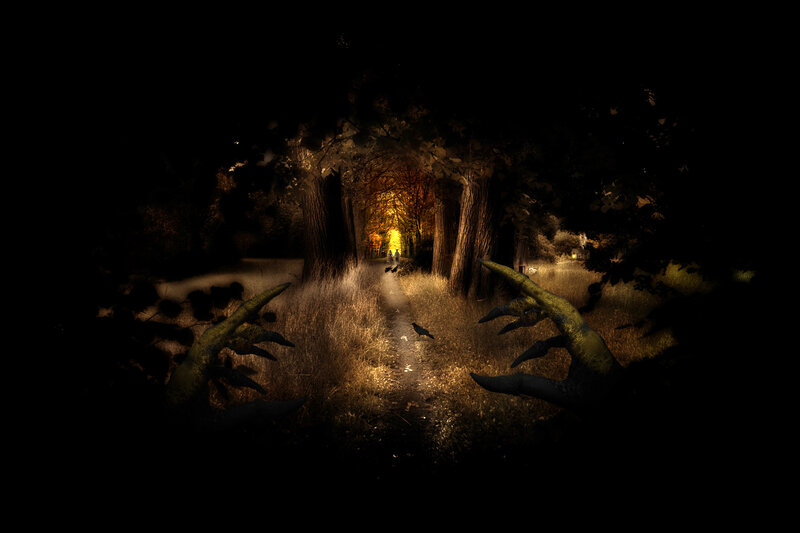 Dark forest path with glowing hands