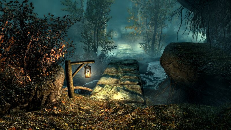 dark forest path with lantern