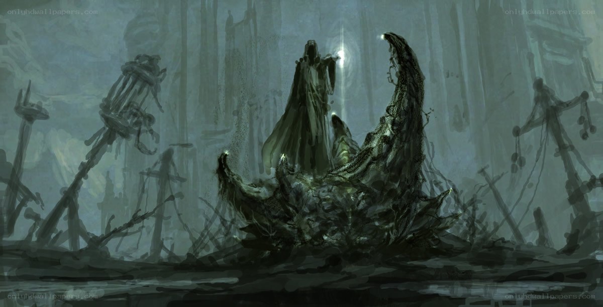 Dark forest ritual scene