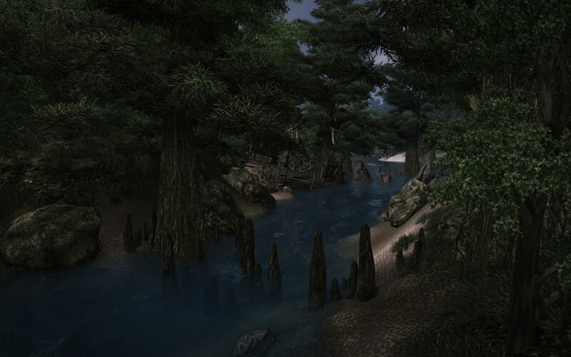 Dark forest river scene