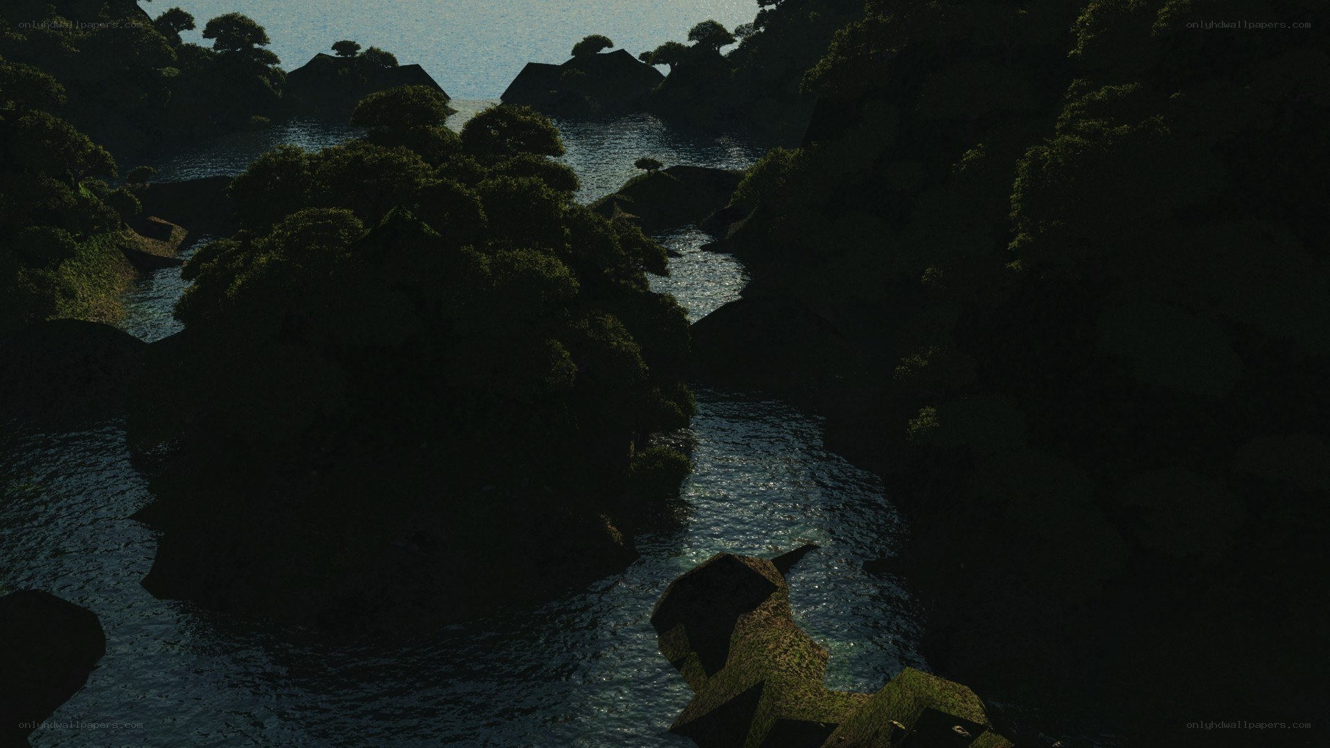 dark forest river scene