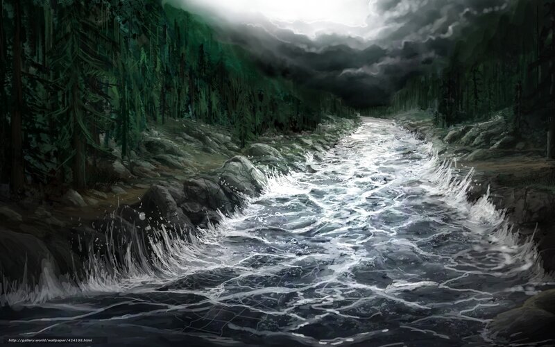 Dark forest river scene