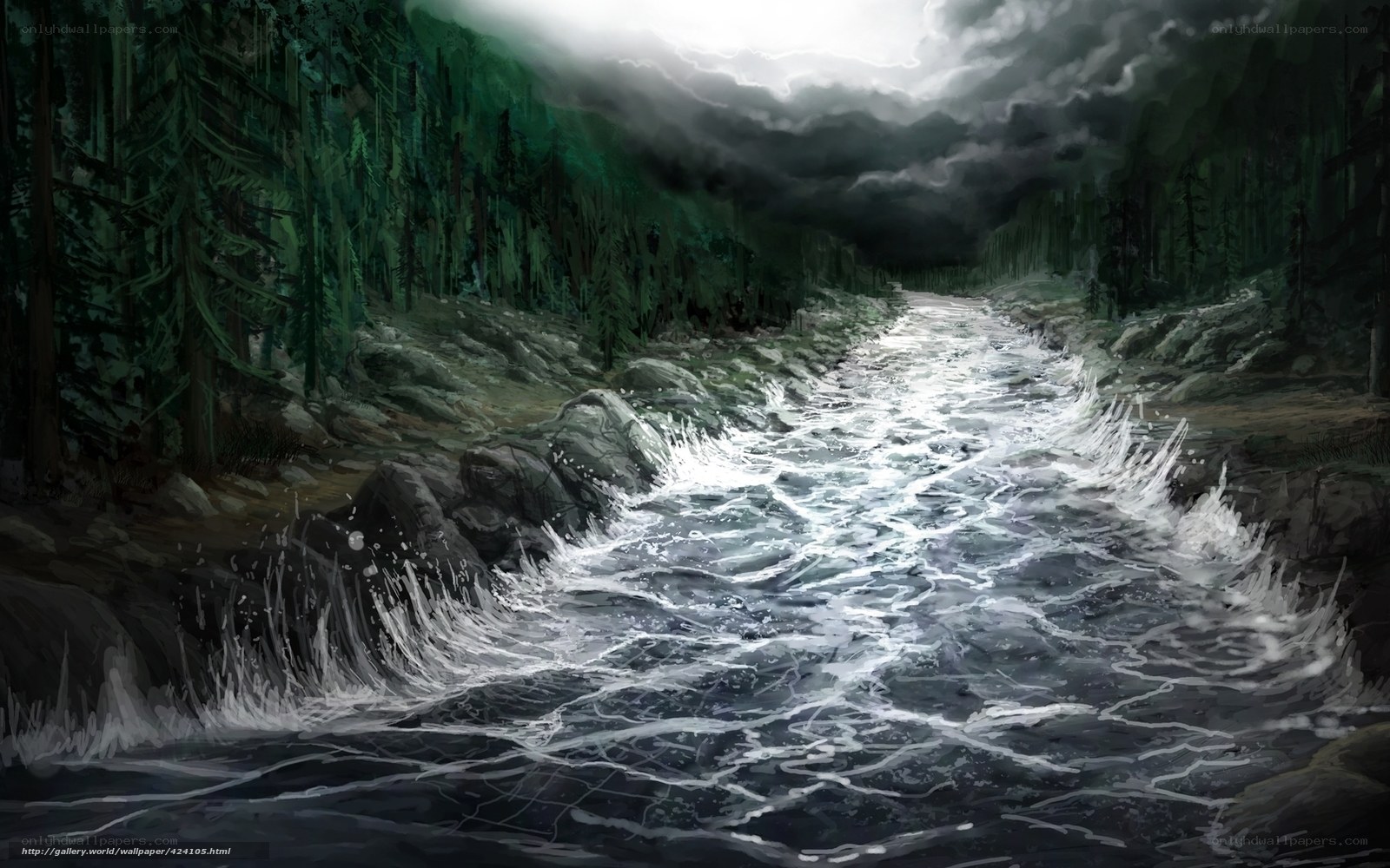 Dark forest river scene