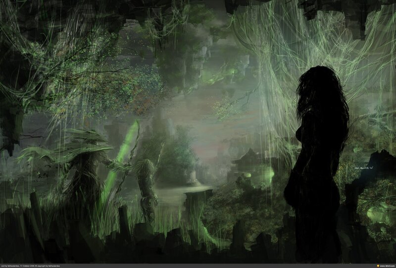 Dark forest silhouette scene