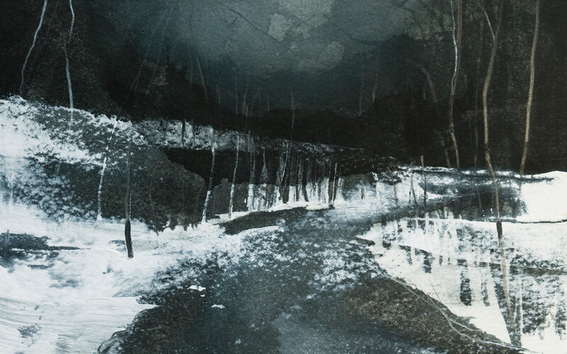 Dark forest stream landscape