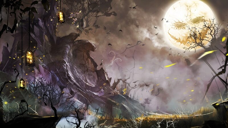 Dark forest under a full moon