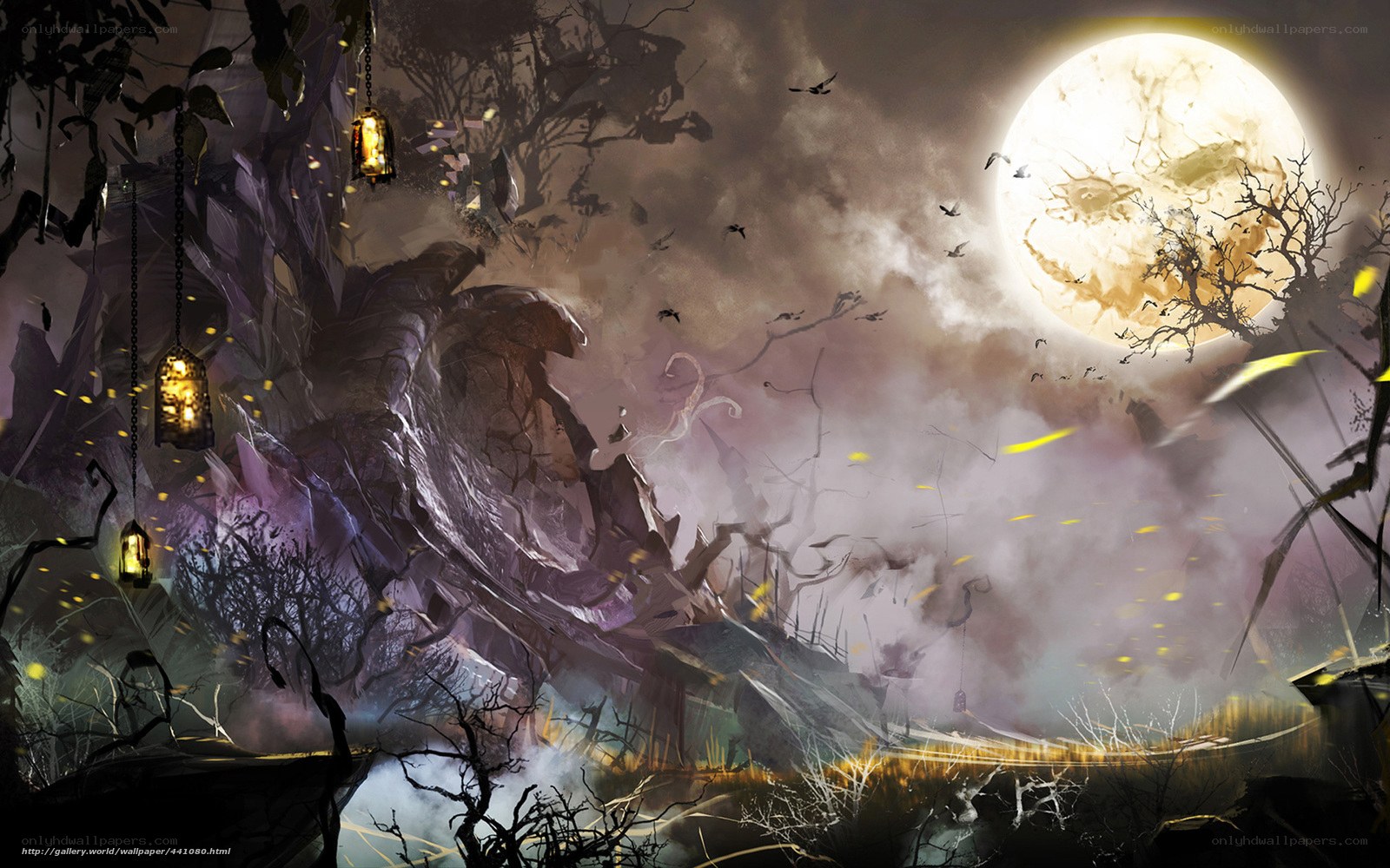 Dark forest under a full moon