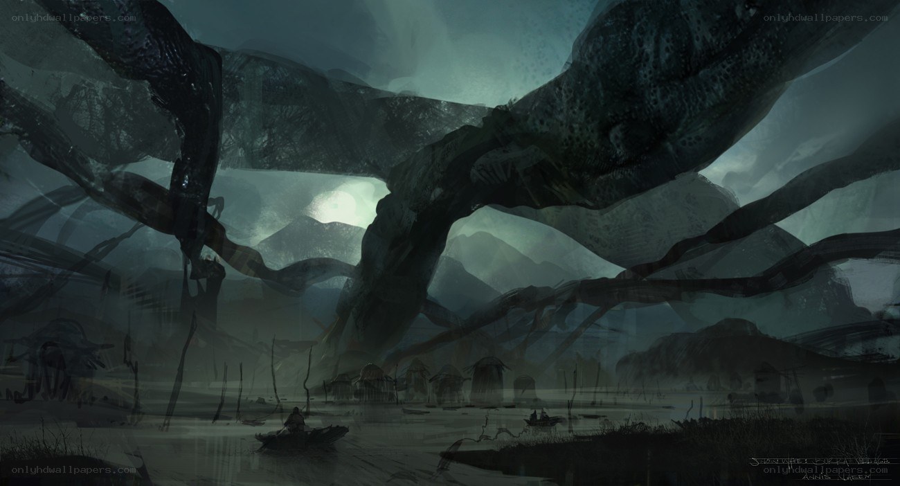Dark forest village concept art