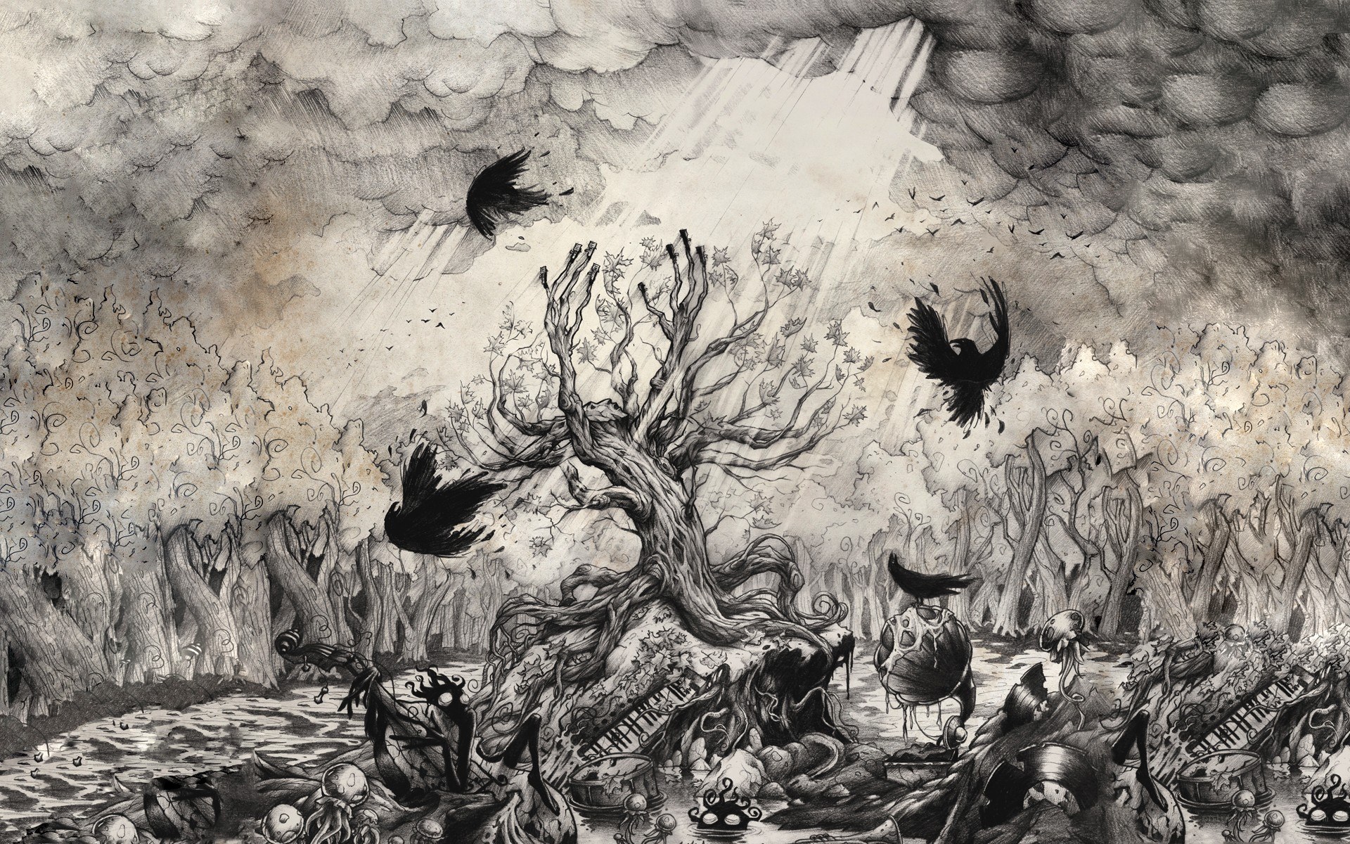 Dark forest with crows and tree
