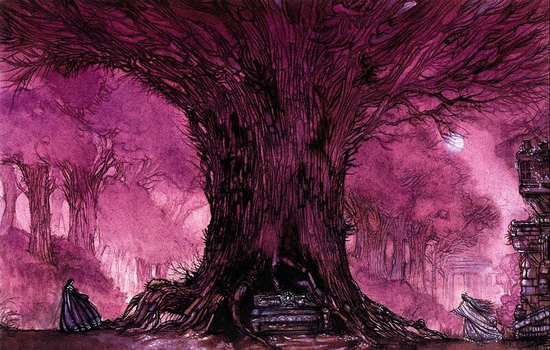 Dark forest with giant tree