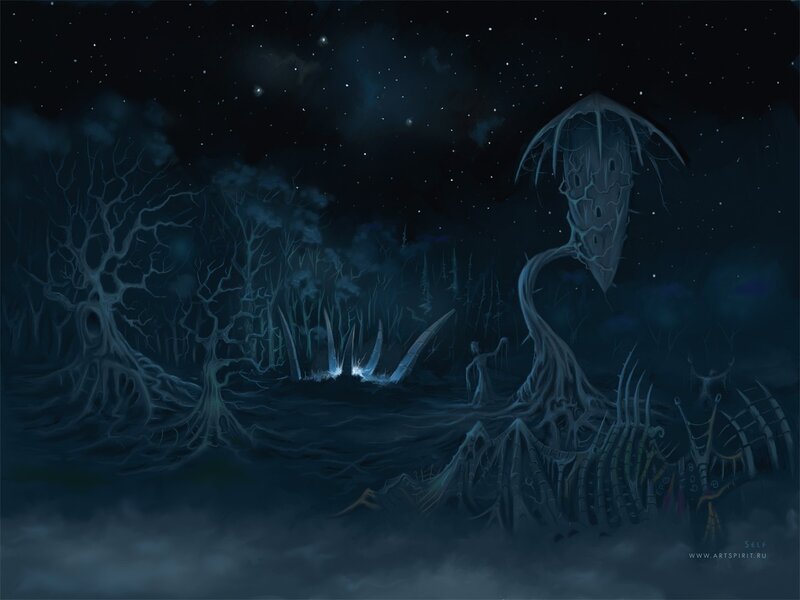 Dark forest with glowing creatures