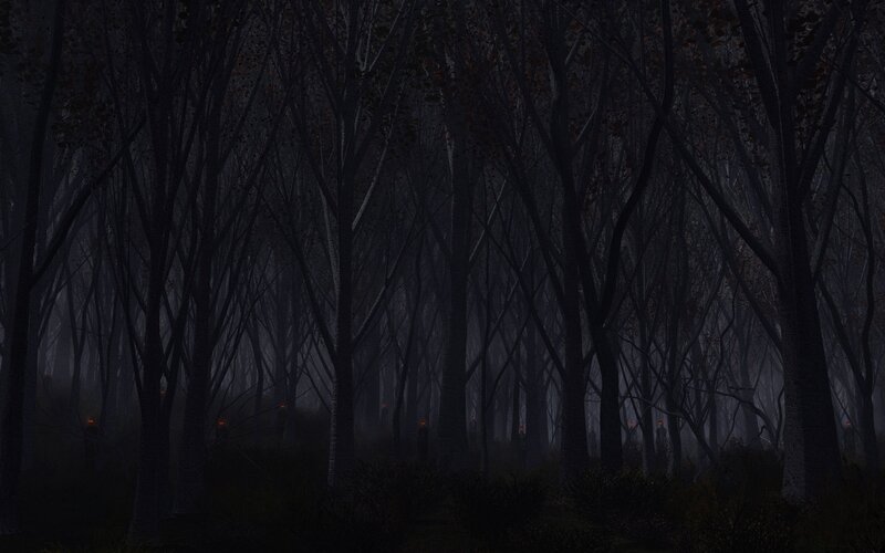 Dark Forest with Glowing Eyes — Black, Eerie