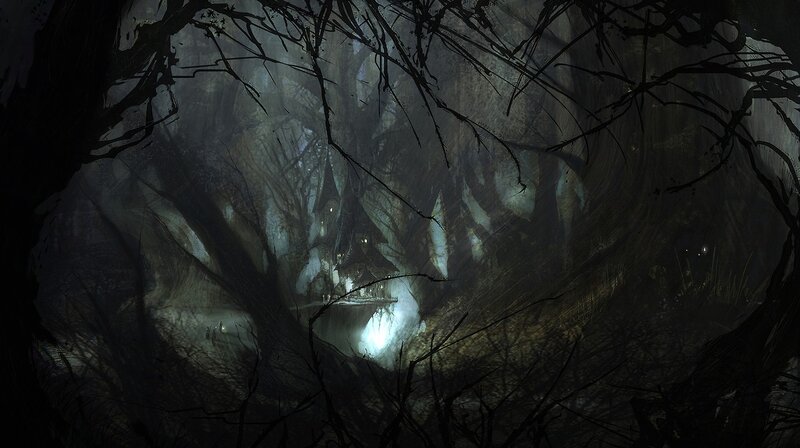 Dark forest with glowing house