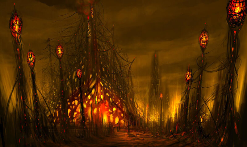dark forest with glowing lanterns