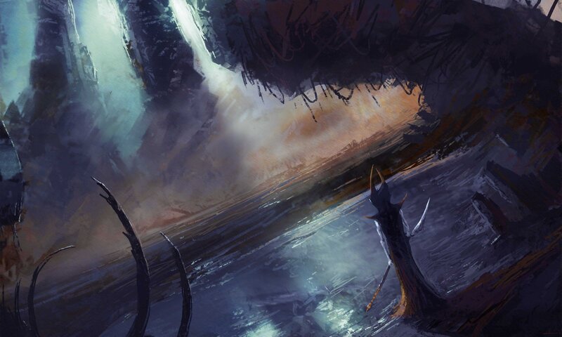 dark forest with glowing light
