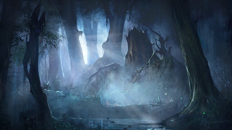 Dark Forest with Glowing Light — Blue
