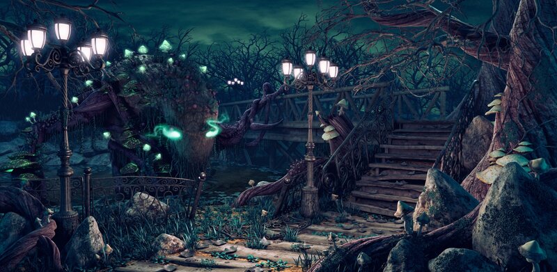 dark forest with glowing lights
