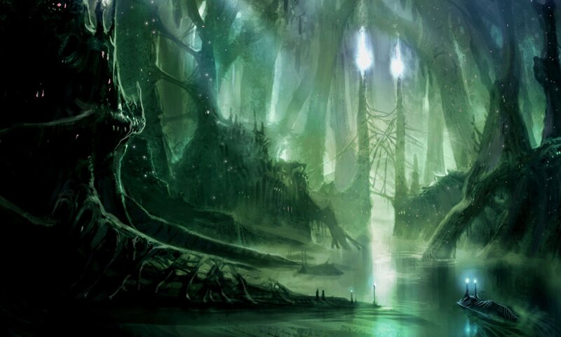 Dark Forest with Glowing Trees — Green, Mysterious