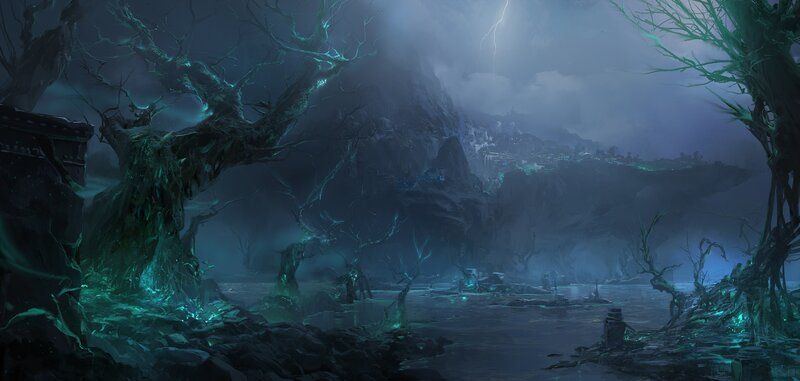 Dark forest with glowing trees