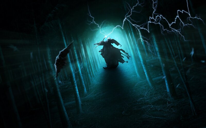 Dark forest with lightning
