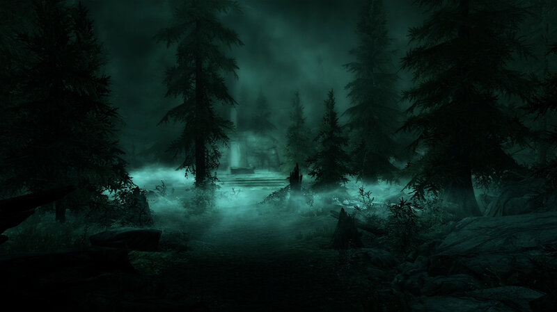 dark forest with misty waterfall