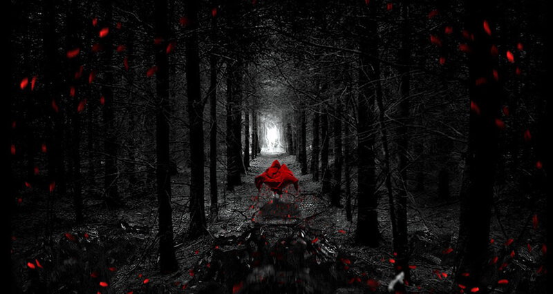 dark forest with red cloak