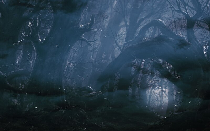 Dark Forest with Twisted Trees — Blue, Mysterious