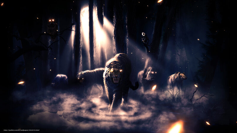 Dark forest with wild animals
