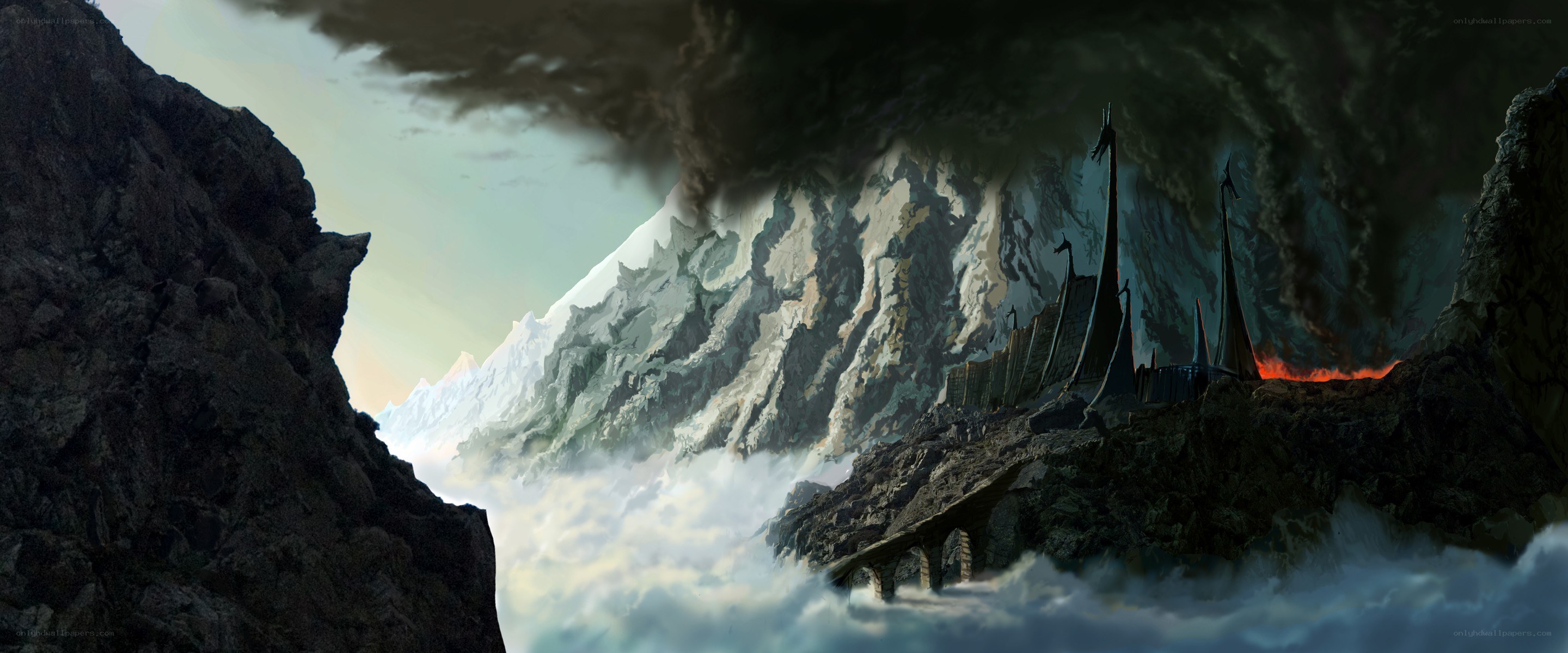 dark fortress in mountain pass