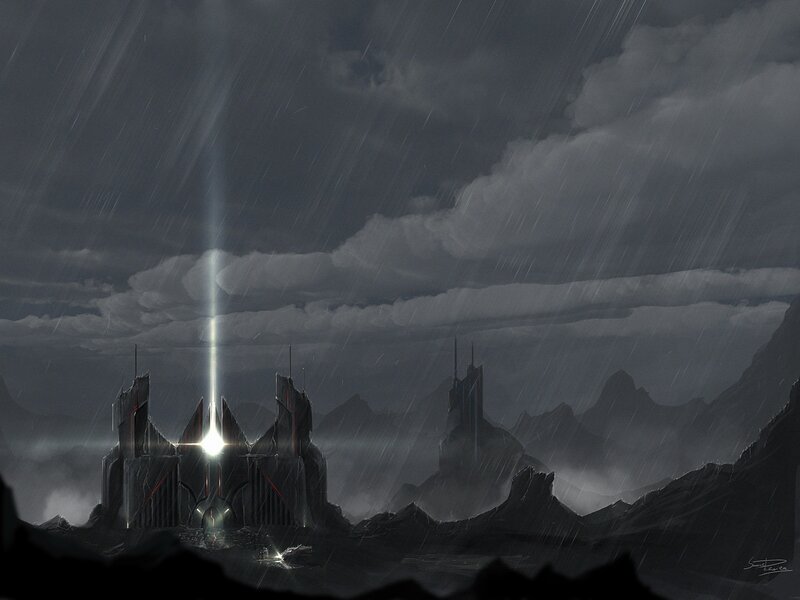 Dark fortress in stormy landscape