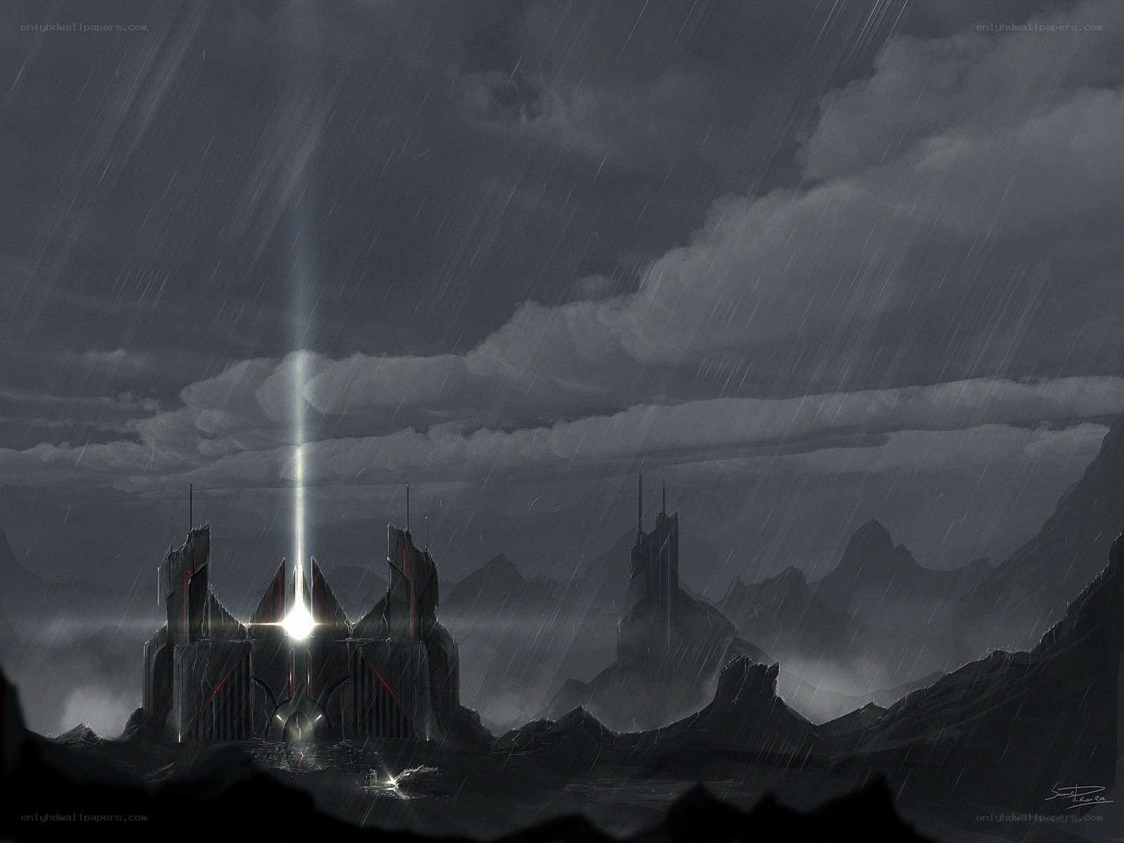 Dark fortress in stormy landscape