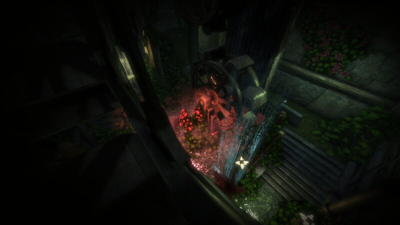 dark garden with water wheel