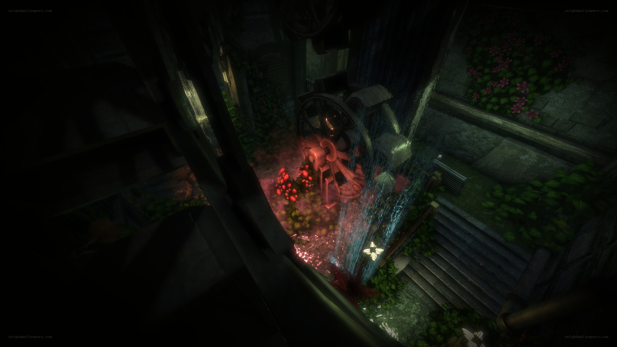 dark garden with water wheel