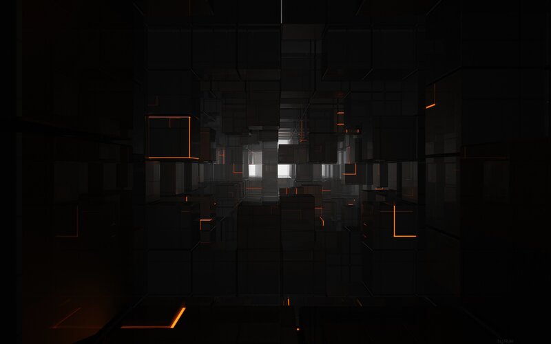 Dark Geometric Corridor — Black, Dramatic, Digital Art
