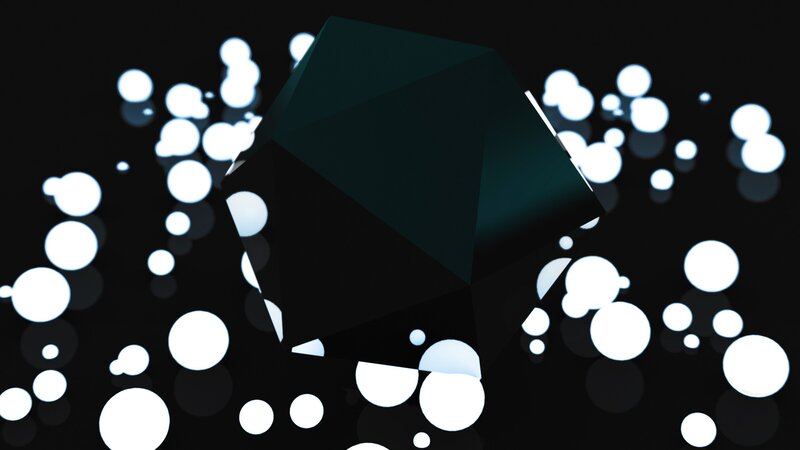 dark geometric shape with glowing orbs