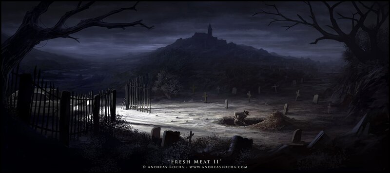 Dark graveyard at night