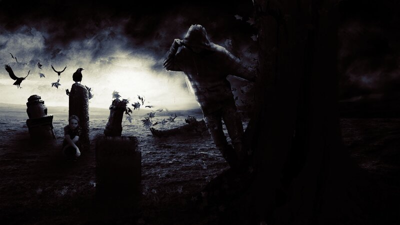 Dark graveyard scene with figures