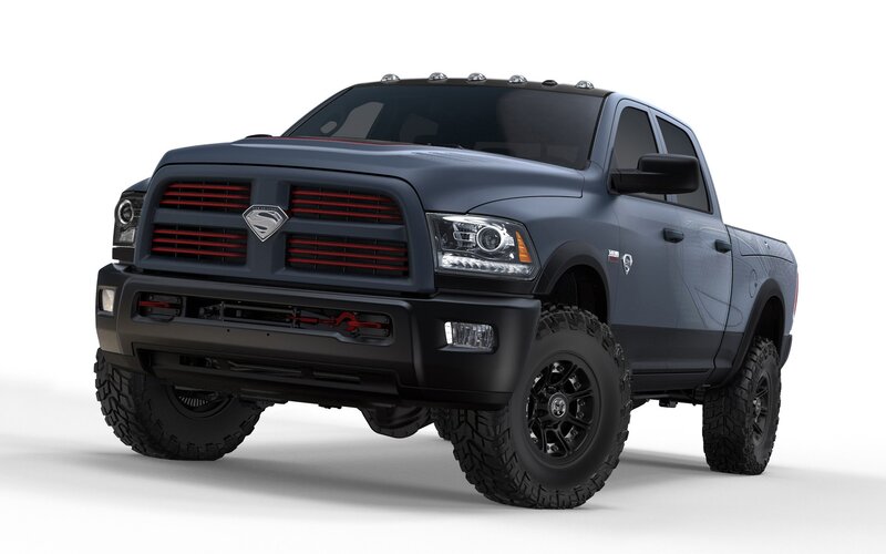 dark gray ram truck with red accents